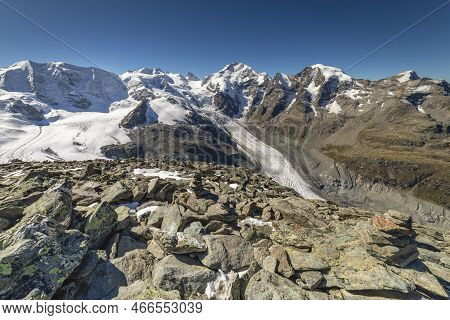 Bernina And Palu Mountain Range With Glaciers In The Alps, Engadine, Switzerland