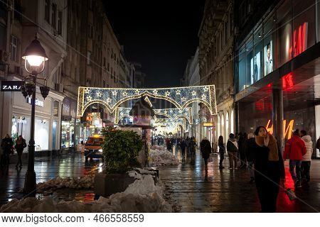 Belgrade, Serbia - December 14, 2021: Selective Blur On Kneza Mihailova, Main Pedestrain Street Of B