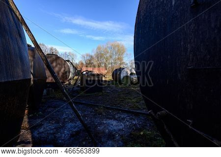 Old And Rusty Tanks For Transportation And Storage Of Various Liquid Substances.