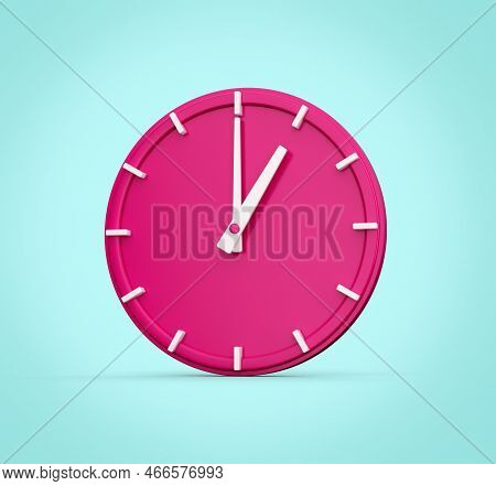 Magenta Wall Clock Isolated On Cyan Background With Shadow. Premium Design, 1 O Clock. 3d Illustrati