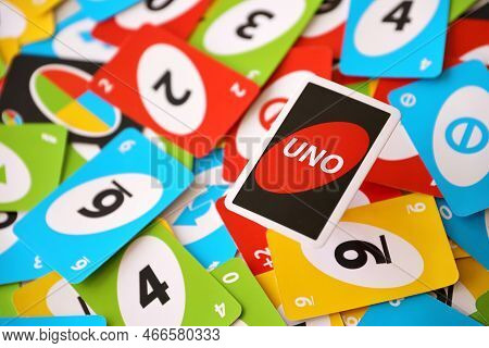 Ternopil, Ukraine - May 15, 2022: Many Colorful Uno Game Cards. Uno Is An American Shedding-type Car