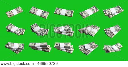Big Set Of Bundles Of Us Dollar Bills Isolated On Chroma Key Green. Collage With Many Packs Of Ameri