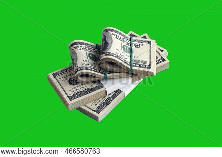 Bundle Of Us Dollar Bills Isolated On Chroma Keyer Green. Pack Of American Money With High Resolutio