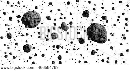 Swarm Of Asteroids Isolated On White Background. Asteroid Belt. Meteorites. High Resolution 3d Rende