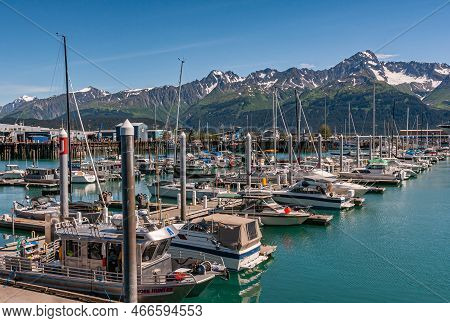 Seward, Alaska, Usa - July 22, 2011: Small Boat Piers And Docking Slots On Greenish Resurrection Bay