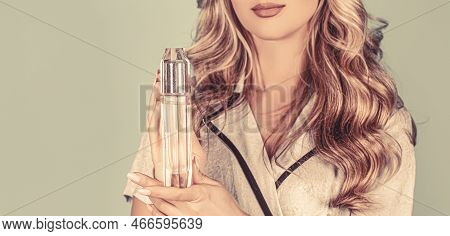 Perfume Bottle Woman Spray Aroma. Woman Holding A Perfumes Bottle. Beautiful Girl Using Perfume. Wom