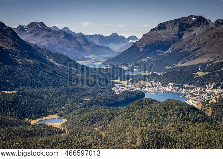 View Above St Moritz From Muottas Muragl Of Upper Engadine, Graubunden, Switzerland