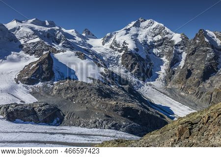 Bernina And Palu Mountain Range With Glaciers In The Alps, Engadine, Switzerland