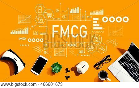 Fmcg - Fast Moving Consumer Goods Theme With Electronic Gadgets And Office Supplies - Flat Lay