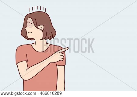 Offended Woman Turns Away And Closing Eyes Points Finger To Side After Quarrel Or Insults. Depressed