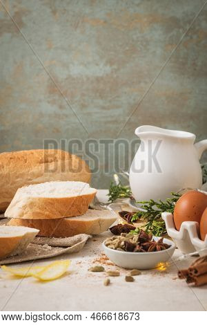 Ingredients For Preparing Spanish Torrijas, French Toasts  Or Traditional Portuguese Rabanadas For C