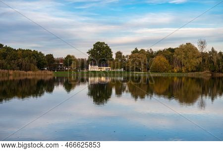 Rotselaar, Flemish Brabant Region, Belgium - 11 11 2022 - Panoramic View Over The De Plas Water Pond