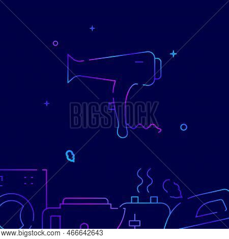 Hair Dryer, Fen Gradient Line Vector Icon, Simple Illustration On A Dark Blue Background, Household,