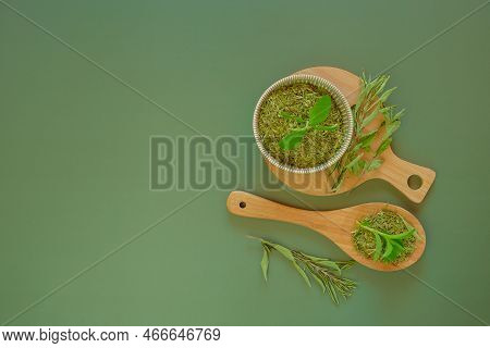 Vegetable Sweetener.dried Stevia And Green Twig In A Cup And A Wooden Spoon On A Olive Background.su