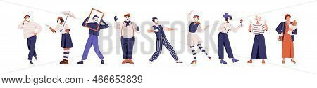 Mime Actors, French Artists Set. Mimic Comedians With Face Makeup, Silent Street Performers Acting, 
