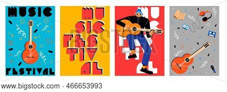 Music Festival Poster Templates Set. Flat Vector Illustration Of Vintage Banners With Female Charact