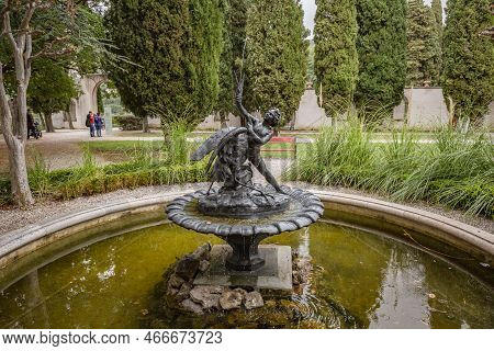Mira Mare Castle, Triest, Friuli Venezia Giulia, Italy - April 2022: View Of Fountain In Park Of Mir
