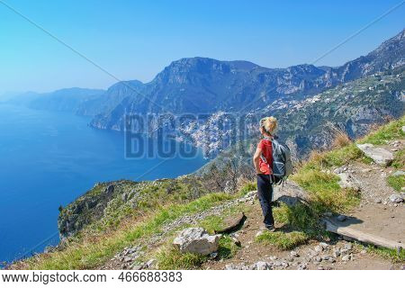 Woman Hiker Watching Beautiful Costal Scenery - Path Of The Gods 