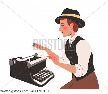 Man Writer In Hat With Cigarette At Typewriter Engaged In Writing Process Creating Plot Vector Illus