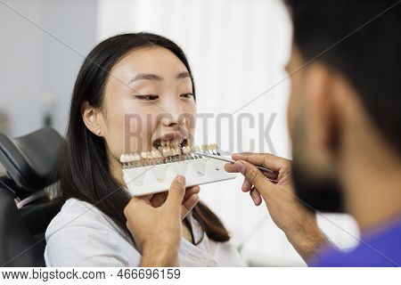 Dentist Choosing Color Of Filling From Palette. Back View Of Male Dentist Checking And Selecting Col