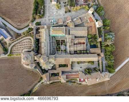 Monastery Of Santa Maria De Poblet, Catalonia, Spain, Aerial View With Detail Of The Cloisters
