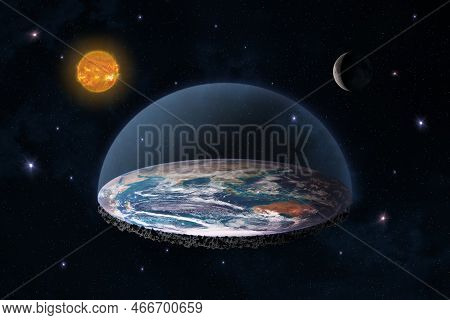Flat Earth In Space With Sun And Moon. Flat Planet Earth Conspiracy Theory. The Flat Earth Model Is 