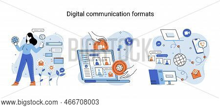 Digital Communication Formats Metaphor, Content Online Data And Social Media Streaming. Abstract Mod