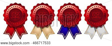 Big Set Red Medal With Color Ribbon Vector. Set Of Seal Award Red. Medal Badge Icons Premium Red. Bl