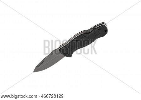 Pocket Folding Knife Isolate On White Background. Compact Metal Sharp Knife With A Folding Blade.