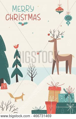 Christmas Card With Reindeer, Gift Boxes And Winter Landscape. Winter Wonderland. Christmas Eve Conc