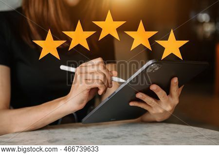 Customer Or Client The Stars To Complete Three Stars. With Copy Space. Giving A Three Star Rating. S