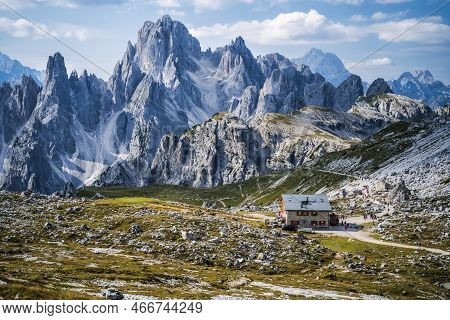 Rifugio Lavaredo With Cadini Di Misurina Mountain Group In Background. Dolomites At The Cime Di Lava