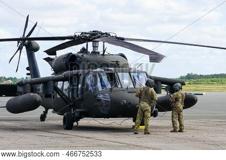Liepaja, Latvia - August 7, 2022: Sikorsky Uh-60 Black Hawk Helicopter With Pilots Before Take Off F