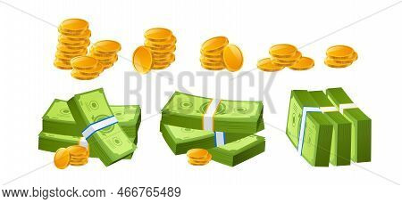 Isometric Money Set. Collection Of Banknotes And Gold Coins. Economics And Trading. Prize And Win In