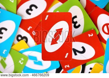 Ternopil, Ukraine - May 15, 2022: Many Colorful Uno Game Cards. Uno Is An American Shedding-type Car