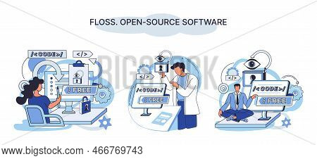 Floss. Open Source Software. Free Product Anyone Can Freely Redistribute, Modify And Completely Rema