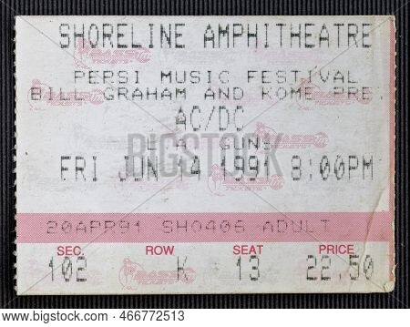 Mountain View, California - June 14, 1991 - Old Used Ticket For The Concert Of Ac-dc At Shoreline Am