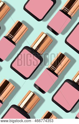 Cosmetic Products Ad With Pink Labels, Shadows, Blue Background And 3d Illustration.