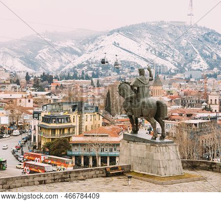 Tbilisi, Georgia - March 23, 2022: Famous Landmark Equestrian Statue Of King Vakhtang Gorgasali Near