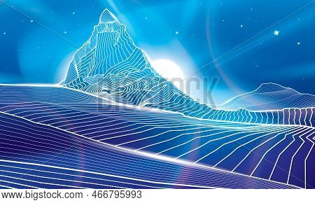 Matterhorn Mountain. Neon Glow Illumination Image. Snow Peaks. Night Landscape. White Outlines Illus