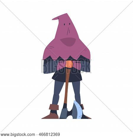 Headsman In Purple Mask Standing With Axe As Character From Middle Ages Vector Illustration