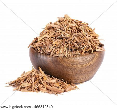Catuaba Bark In Wooden Bowl, Isolated On White Background. Trichilia Catigua Bark. Chuchuhuasha, Tat