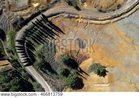 Drone Aerial Of Copper Mine With Red Toxic Contaminated Land. Environmental Pollution Nature Contami