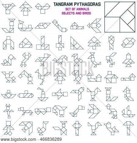 Set Of Tangram Puzzle Line. Pythagoras Square.