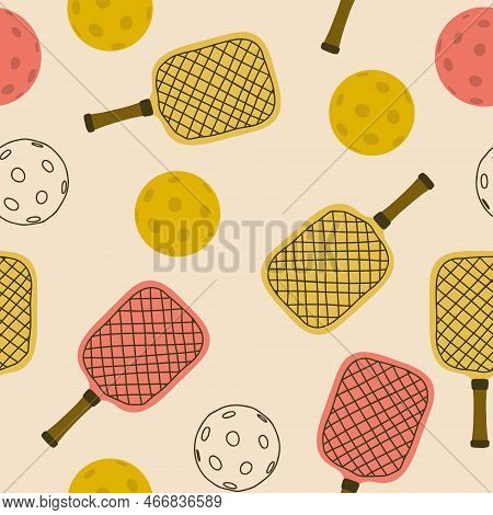Pickleball With A Ball And A Rackets Seamless Pattern. Vector Background For Sport Design, Fabric, W