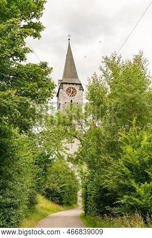Balzers, Liechtenstein, June 5, 2022 Historic Old Church Saint Nikolaus On A Cloudy Day
