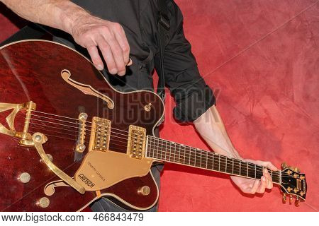 Vaduz, Liechtenstein, January 28, 2022 Artist Is Playing With A Gretsch Country Classic Electric Gui
