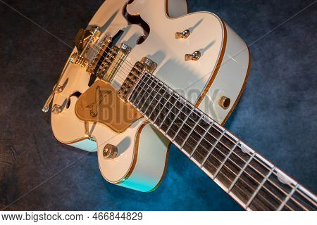 Vaduz, Liechtenstein, January 28, 2022 Gretsch White Falcon Hollow Body Electric Guitar Product Shot