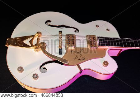 Vaduz, Liechtenstein, January 28, 2022 Gretsch White Falcon Hollow Body Electric Guitar Product Shot