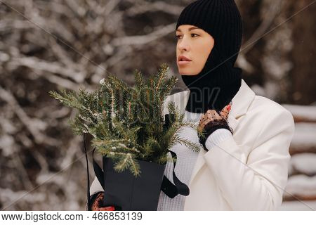 A Girl In A White Suit And Balaclava With A Package Of Christmas Trees In The Winter Forest On New Y